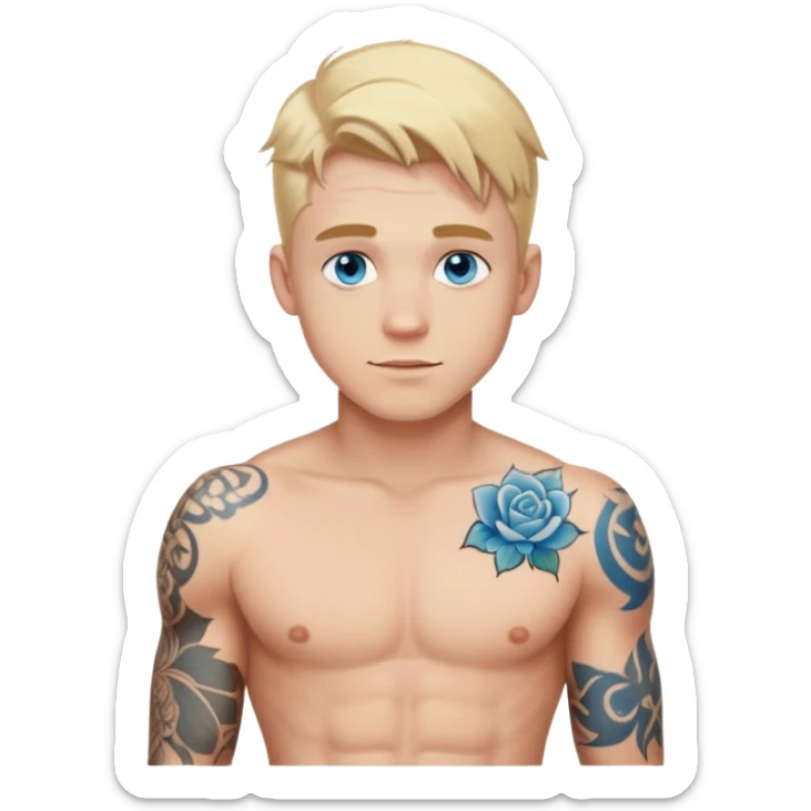 Handsome shirtless blonde hair and blue eyes white guy with body tattoos sexy pose sfw sticker