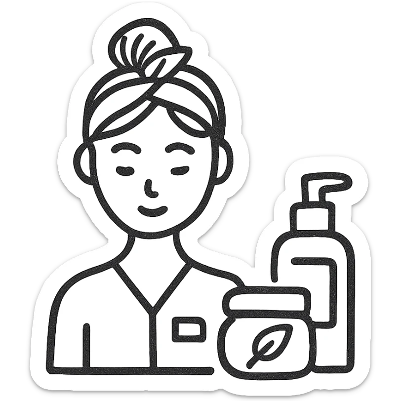 cosmetologist, skincare products, minimalist icon, line art sticker