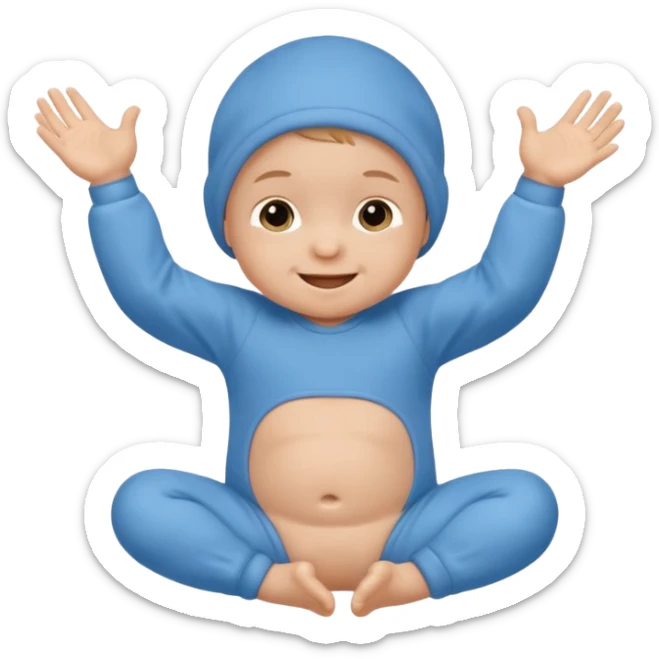 A smiling newborn baby wearing a blue onesie, moving its arms and hands. sticker