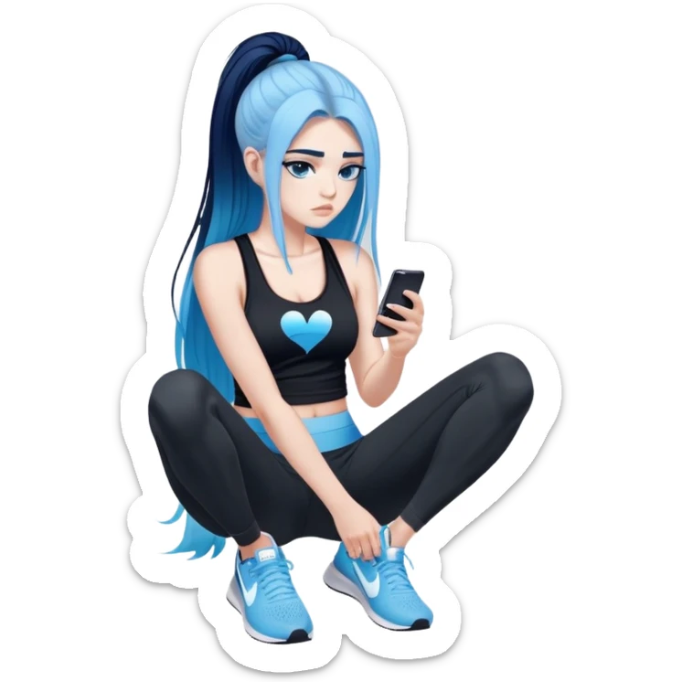 Heart broken, disappointed-very very very very big chest-texting on a samsung cell phone-very very long straight flowing black to sky blue hair ombre-blue eyes-black eyeliner-long eyelashes-sky blue very low cut tank top with sparkling nike logo-black leggings-nike sneakers sticker