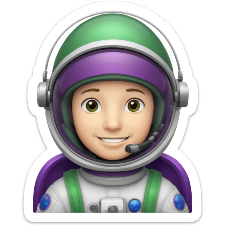 An astronaut wearing a cowboy's hat on his helmet, green and purple accents for the space suit sticker