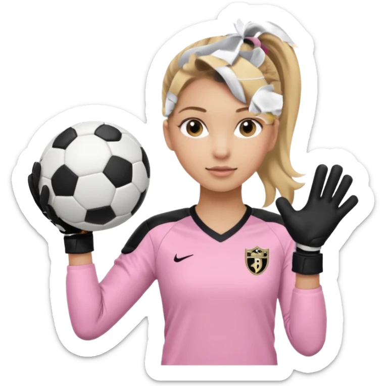 Make a dirty blonde football goalkeeper with goalkeeper gloves on holding a regular  The girl is light skinned and wearing a light pink football. Wearing a ponytail with the dirty blonde. Make it without the whole body. With full sleeves. WITHOUT A RUGBY BALL JUST REGULAR BLACK AND WHITE BALL sticker