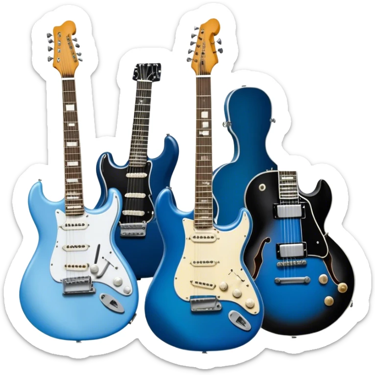 Icon for Blues Music: close-up collage of legendary blues artists. Gary Moore, Eric Clapton, B.B. King and Joe Cocker. Represented by silhouettes or symbolic items like guitars, microphones, or music notes, reflecting the soulful energy of blues music. Transparent background. sticker