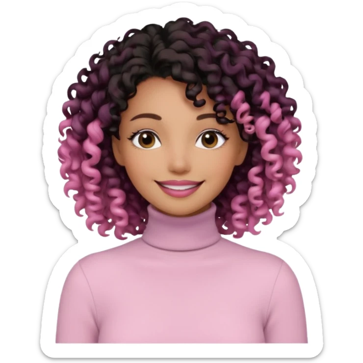 a woman with white long sleeve turtle neck top and smile, her hair is long curly and the color is black, her eyes color are black and the color of her lip is soft pink sticker
