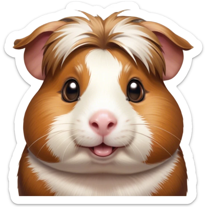 Cinematic Comical Brown and White Banded Guinea Pig Portrait Emoji, Head tilted dramatically with an exaggeratedly amused expression, featuring a striking fur with bold brown and white banding, wide, expressive dark eyes filled with playful disbelief, Simplified yet hilariously expressive features, highly detailed, glowing with a slightly sassy glow, high shine, dramatic yet playful, stylized with an air of cheeky mischief, bright and endearing, soft glowing outline, capturing the essence of a spirited and over-the-top guinea pig, so meme-worthy it feels like it could side-eye its way into internet fame instantly! sticker