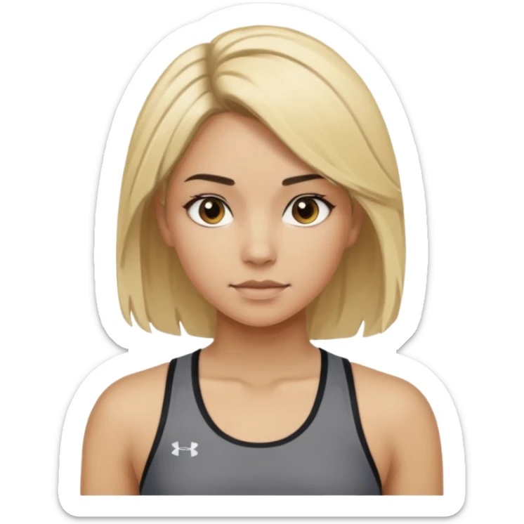 girl with dyed blonde hair and dark almost black roots, dressed as a fitness trainer, athletic top showing athlete, hair loose but neat sticker