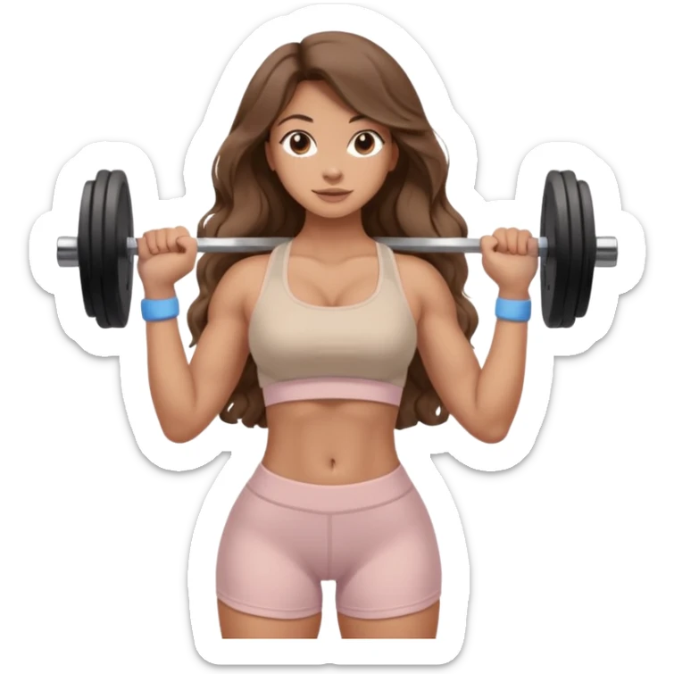 Create dream body girl with big glute and small waist and brown wavy long hair with pastel beige gym clothes with a weight in her hand  sticker