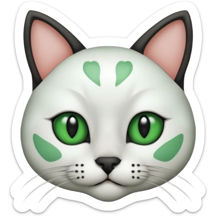 Haz una gata de ojos verdes la cara blanca con mancha negra en las orejas que agarra parte de la frente del lado der pero del iz va desde el ojo hasta la oreja la mancha, tiene la nariz negra en forma de corazón y todo lo que sobra de la cara, barbilla la nariz arriba y el lado de bigotes es blanca sticker