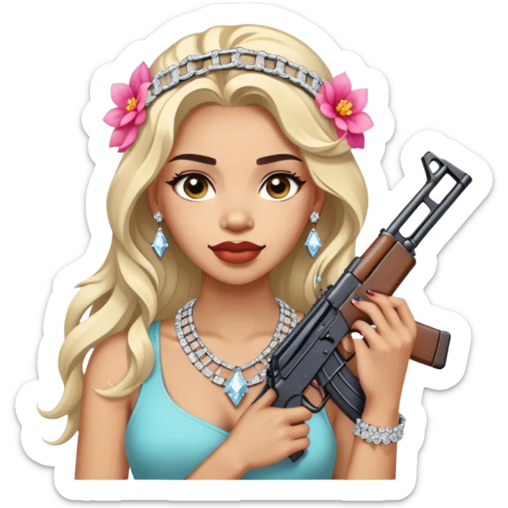 A beautiful woman with flowers in her hair, holding an AK-47 and has diamond grills in her teeth and big diamond chain on her neck that says icy and B diamond sticker