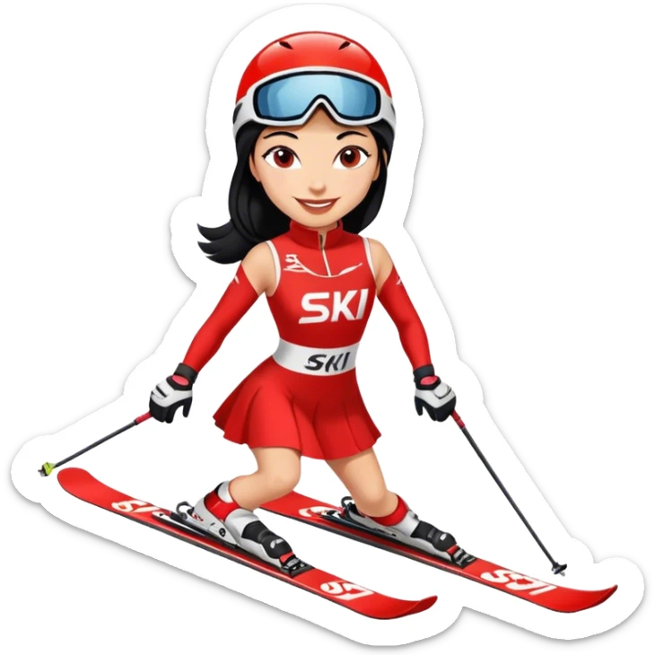 Ski racer woman red white dress written STEPHANIE on the dress black hair smile sticker