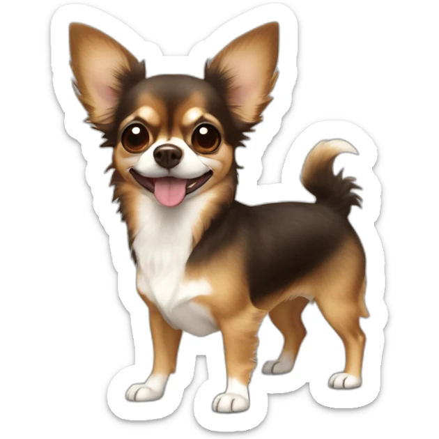 Long hair Chihuahua with brown face and dark ridge on nose, large smile with tongue sticking out sticker