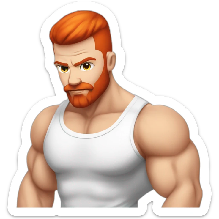 Bodybuilder skinhead man with a red beard, in a T-shirt with the inscription POWERLIFTING sticker