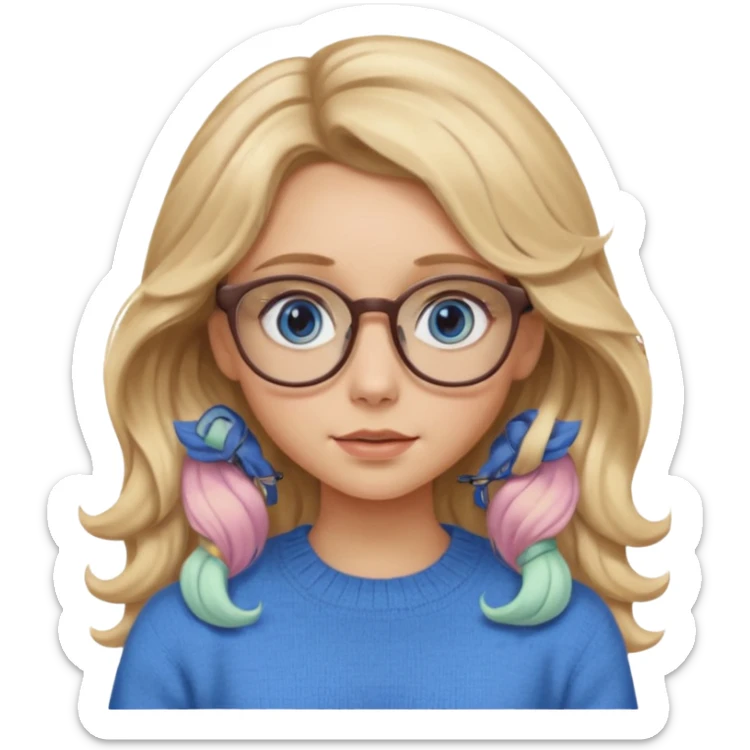 blonde girl with long dark blonde wavy hair, blue big eyes, pantos-style glasses, a brown sweater, sitting and looking in laptop, soft pastel, upper body shot sticker