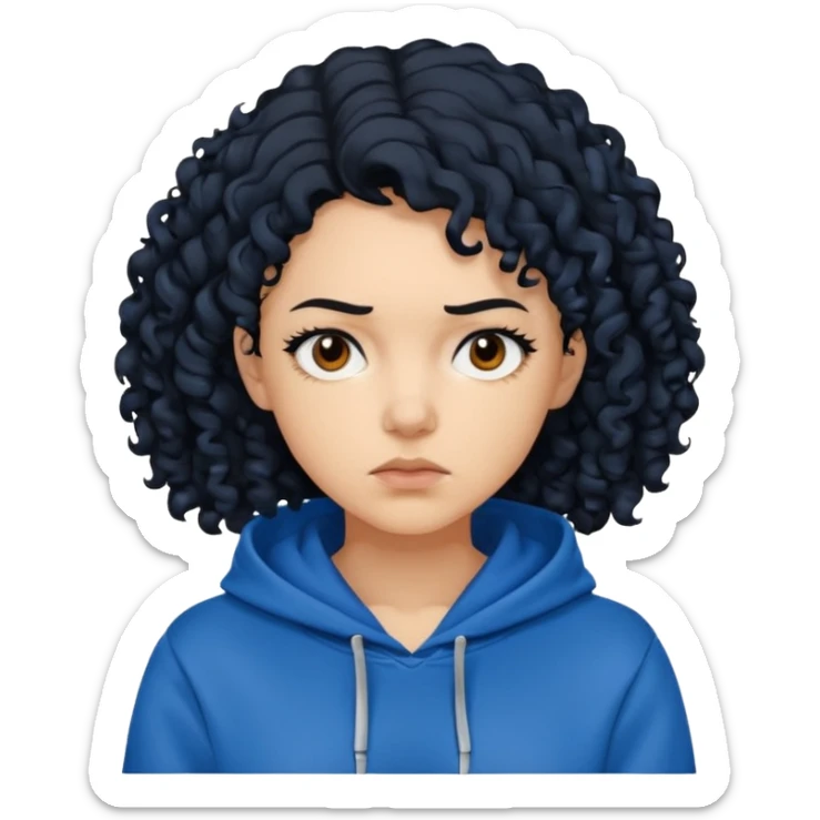 A woman with curly black hair, wearing a blue-black hoodie, and a slightly serious expression on her face. sticker