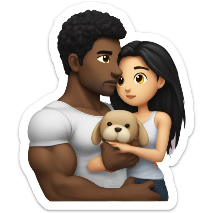 black haired girl holding a plushie while being kissed in the head by her strong muscular bf sticker