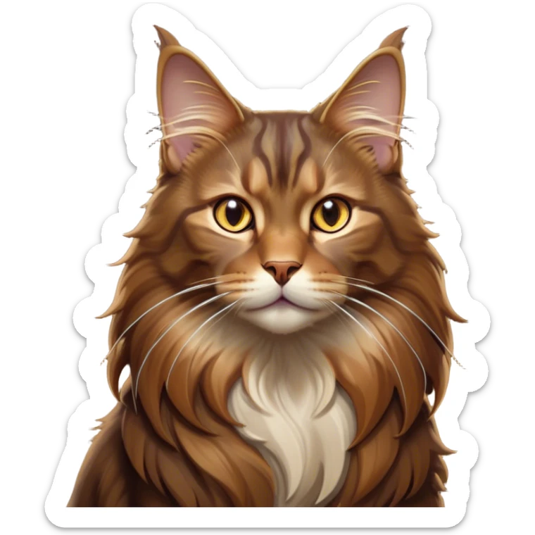 Cinematic Brown Maine Coon Cat Portrait Emoji, Elegant and alert, sleek brown and gold tones with hints of deep auburn, Simplified yet sharp features, highly detailed, glowing with a warm, confident glow, high shine, intelligent and poised with an air of wisdom, stylized with an air of grace, focused and attentive with a calm, old soul expression, soft glowing outline, capturing the essence of experience and majesty, so lifelike it feels as though it could spring into motion at any moment, radiating wisdom and grace. sticker
