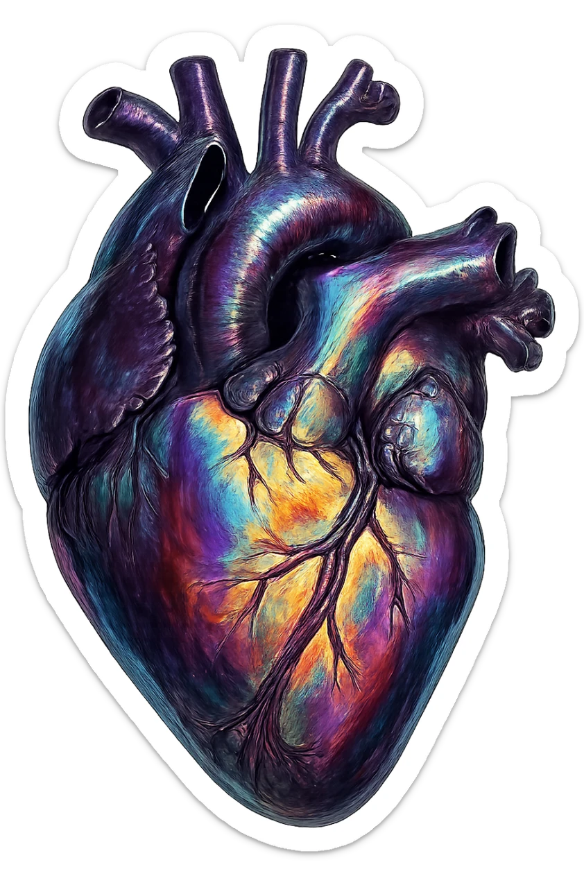 realistic digital art of a heart with a rainbow iridescent finish, no background sticker