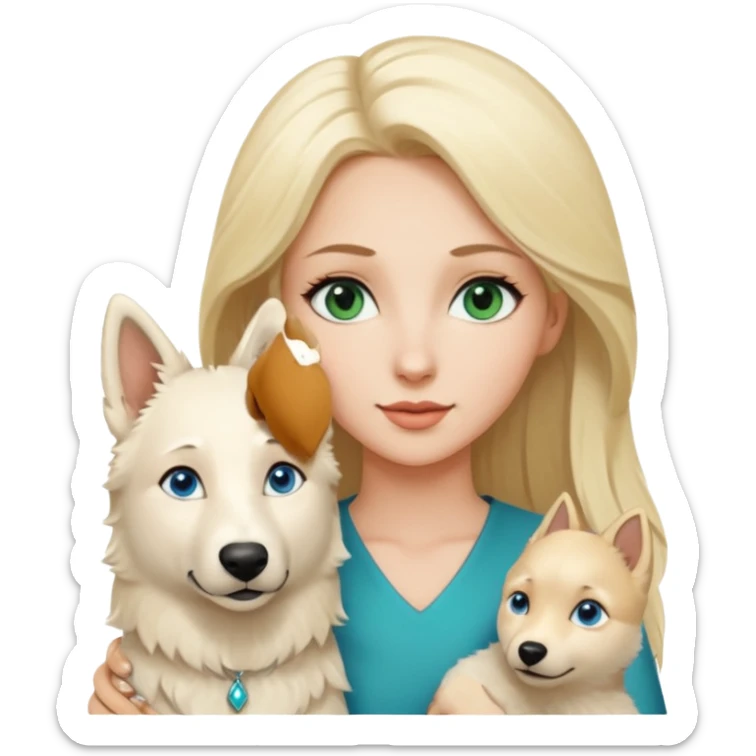 A white blonde Hair Woman with blue Green eyes with a White Shepard with a little bit beige in the fur in a lovely pose  sticker