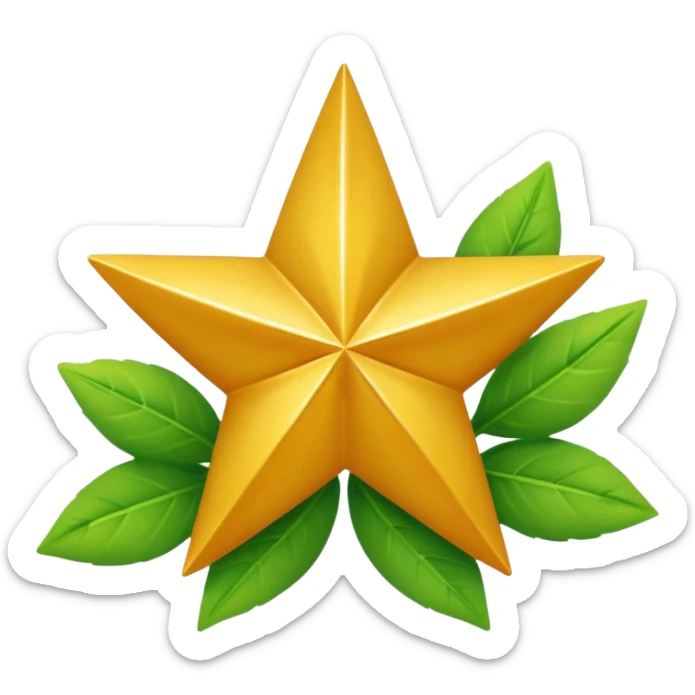 "A vibrant, golden five-pointed star emoji, with graceful green leaves subtly integrated into its points or wrapping around its base. The design should feel radiant and positive. Clean, vector-style, 32x32 pixel icon. Transparent background. Icon for achievement in health." sticker