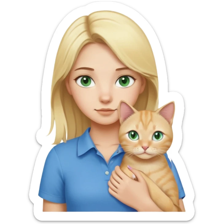 A girl in blue shirt with blonde hair holds a blonde cat in green eyes sticker