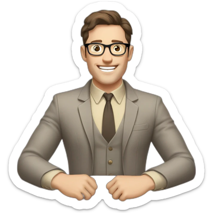 Joyful Celebrating victory Hands up Pale skinned Fit Man With dark brown hair in gray jacket, beige office shirt, Brown pants and vintage glasses sitting In a soft chair sticker