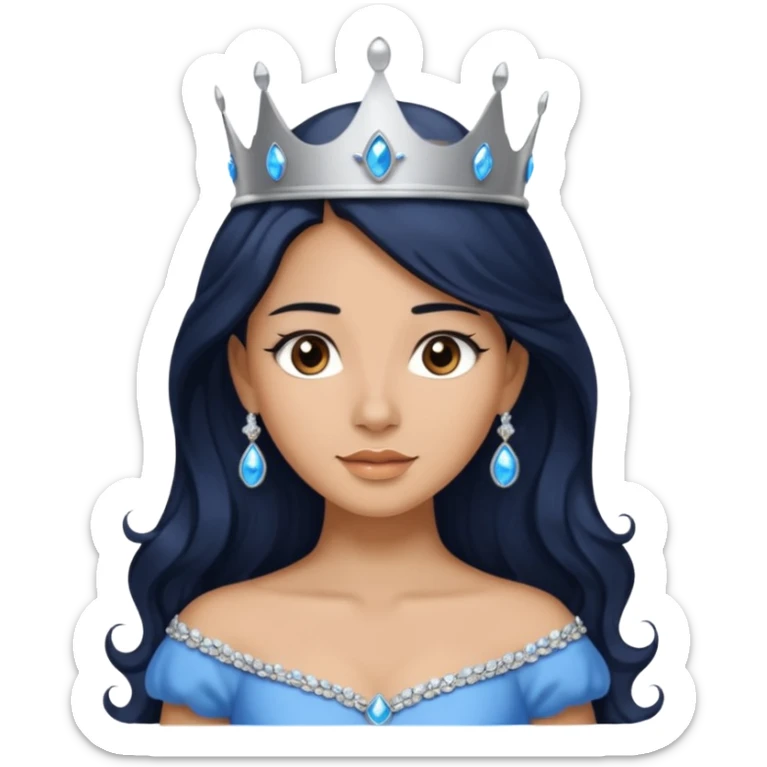 Por favor hazme el emoji de la princesa pero con piel canela con el pelo negro y ondulado y largo, los ojos marrones y la corona plateada con jollas azules sticker