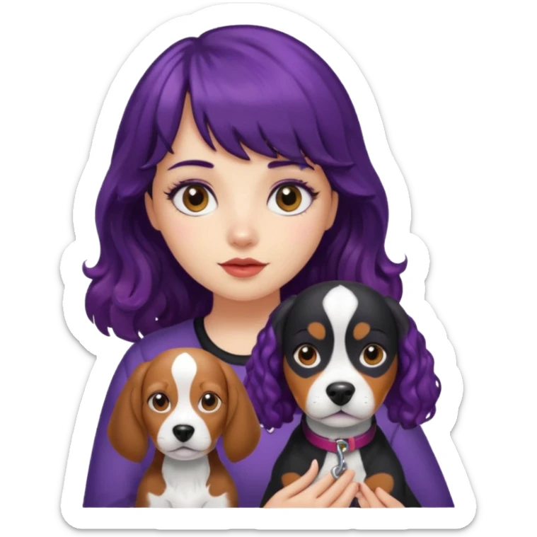 Girl with long black and purple curly hair and blunt bangs holding a beagle sticker