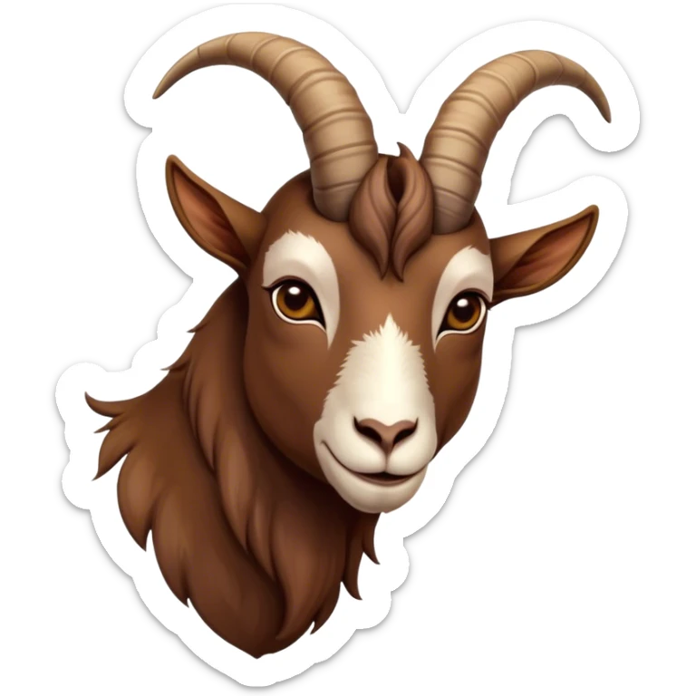 Cinematic Noble Brown Goat Portrait Emoji, Poised and regal, with a sturdy, agile build and a smooth, well-groomed rich brown fur accented by gracefully curved horns, deep-set soulful dark eyes, Simplified yet sharp and sophisticated features, highly detailed, glowing with a warm, dignified glow, high shine, intelligent and spirited, stylized with an air of rustic elegance, focused and attentive, soft glowing outline, capturing the essence of a watchful and confident goat, so majestic it feels as though it could leap out of the screen with effortless authority! sticker