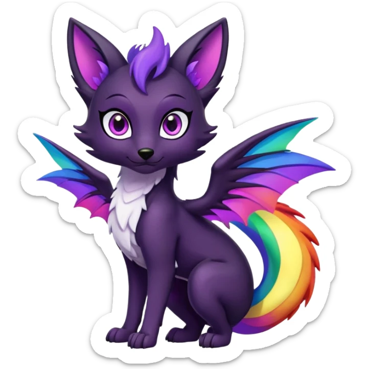 Cartoon female black Fox dragon hybrid purple eyes with rainbow colored wings face front full body sticker