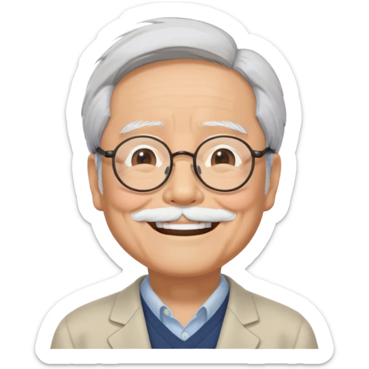 _cinematic-realistic-portrait-of-hayao-miyazaki,-depicted-with--large-rectangular-glasses,-his-happy-expression-rendered-in-lifelike-detail,-illuminated-with-soft,-realistic-lighting-that-emphasizes-his-creative-genius, his eyes shut  closed because of his large smile. eyes are shut sticker