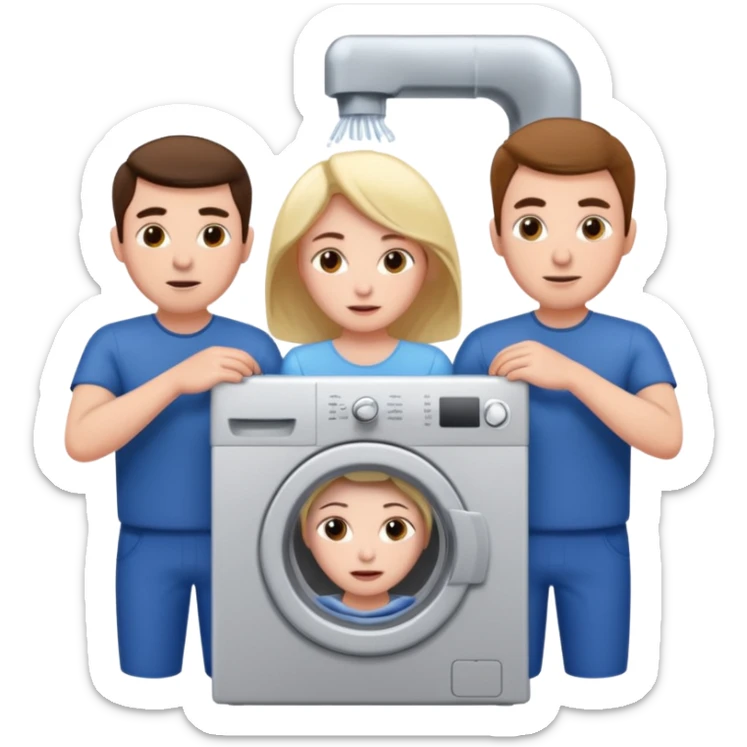 Eine Frau die in der Waschmaschine feststeckt und zwei männer die ihr helfen sticker