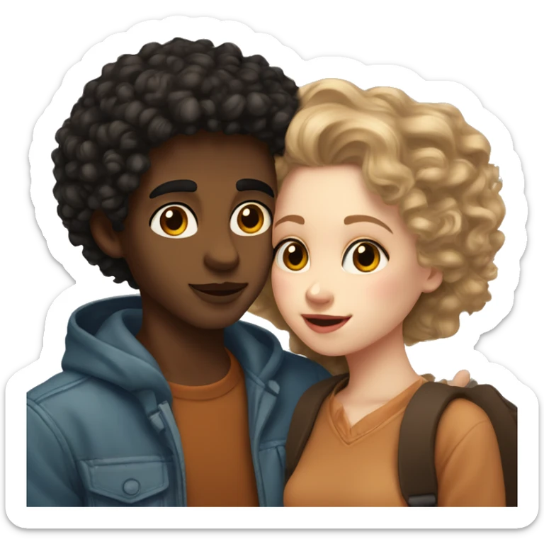 White skinned girl with curly brown hair kissing boy with light skin and black hair sticker