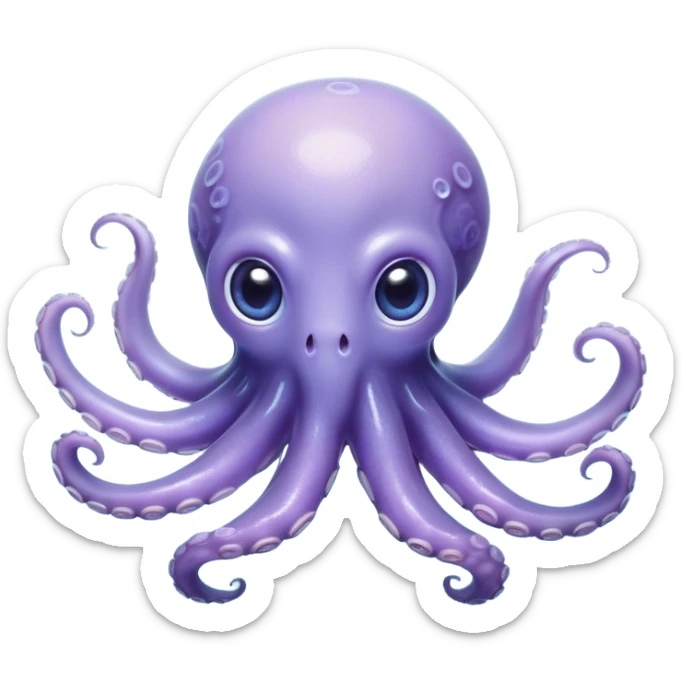 Cinematic Noble Baby Octopus Portrait Emoji, Poised and graceful, with a soft, rounded, slightly translucent body in a dreamy light blue-purple hue, large, glistening eyes full of quiet intelligence and mystery, delicate, flowing tentacles curling gently, Simplified yet sophisticated features, highly detailed, glowing with a soft, ethereal oceanic radiance, high shine, elegant and serene, stylized with an air of deep-sea wonder, focused and tranquil, soft glowing outline, capturing the essence of an otherworldly, intelligent little cephalopod, floating effortlessly in the gentle ocean currents! sticker