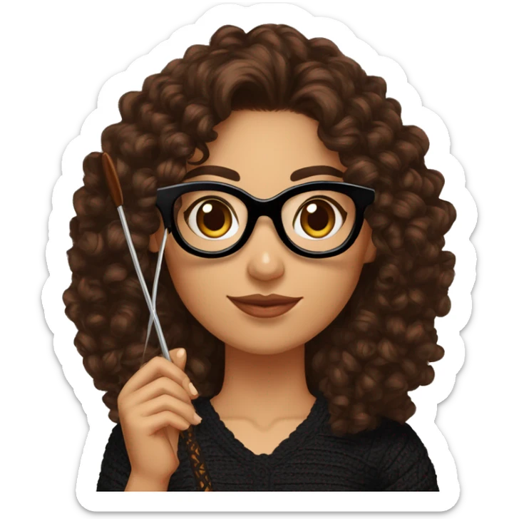 Hispanic woman with long chocolate brown curly hair,cateye black glasses, brown eyes, holding a crochet hook in one hand and yarn in the other hand, wearing a black lace shirt sticker