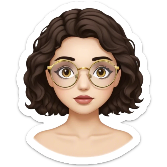 Pretty girl with dark wavy hair, light skin, natural make up, gold rose round glasses, dark slightly arched eyebrows, long lashes sticker