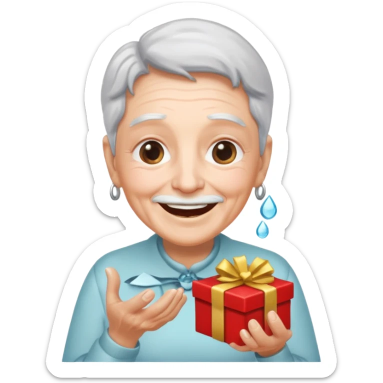 Una persona mayor recibiendo un regalo plateado. Se muestra sonriente y alegre los ojos llorando de felicidad se ve rejuvenecido sticker