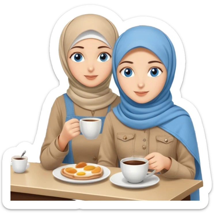 Turkish beautiful finish Konya two girls blue eyes with beige denim hijab islamic dress and make breakfast in coffeehouse sticker