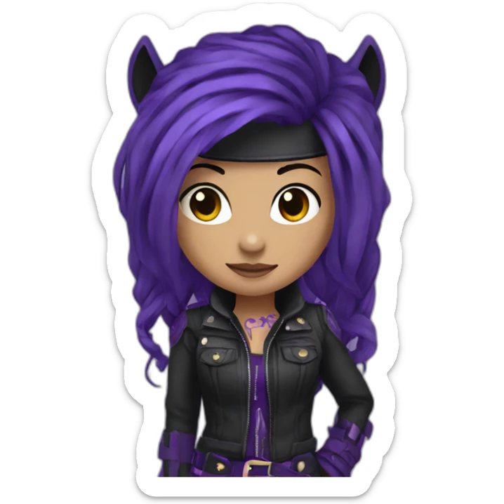 a PURPLE horse girl with a dark purple black punk outfit with and glizzy bands and dark purple hair sticker