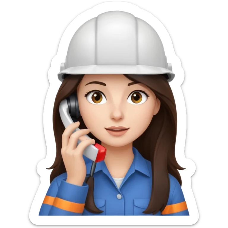 okay now do a brunette girl with long dark brown hair. rolling her eyes like she is annoyed as she is on a phone call (iphone) and is wearing a engineer helmet  sticker