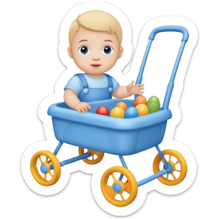 blue baby walker with toys on  it and baby is sittting sticker