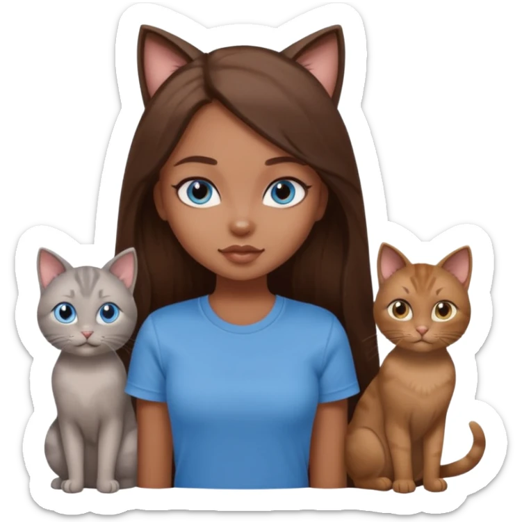 a pretty bratz dusky girl with long brown hair, blue eyes with six cats nd wearing a grey tshirt sticker