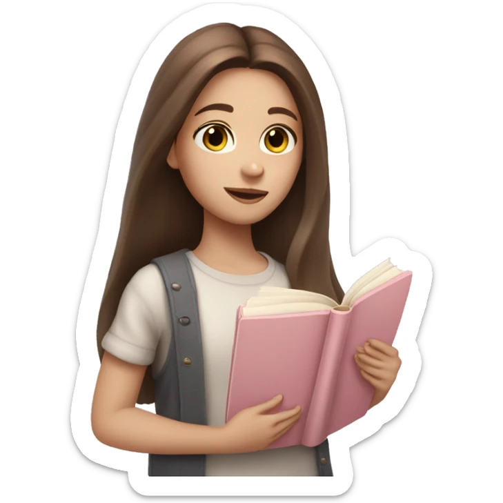 girl with fair skin and long brown hair holding a closed pale pink book sticker