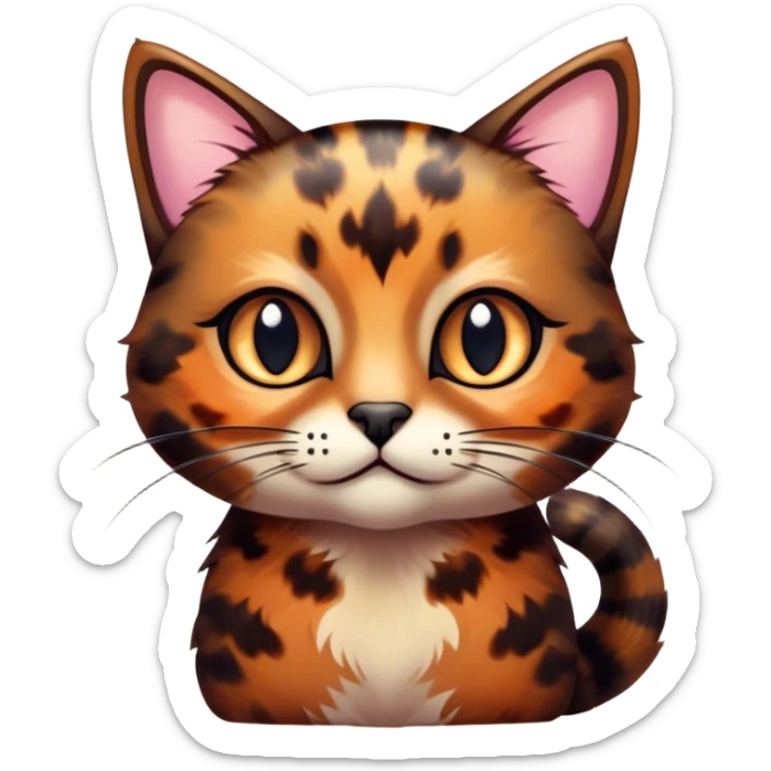Cinematic Cute Tortoiseshell Cat Portrait Emoji, Head cocked sweetly with bright, curious eyes and a cuddly, mottled fur of rich browns and blacks, simplified yet charmingly adorable, highly detailed, glowing with a warm, gentle radiance, high shine, playful and endearing, styled with a dash of whimsical feline magic, soft glowing outline, capturing the essence of a cute tortoiseshell cat that seems ready to pounce with affectionate mischief! sticker