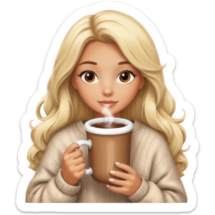 Tanned Girl with lashes , blonde hair, in an extremely big fluffy oversized and hold hot chocolate drink sticker