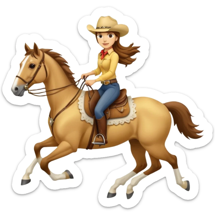 yellow palomino horse running with 4 legs a woman rider with brown hair and a cowboy hat sticker
