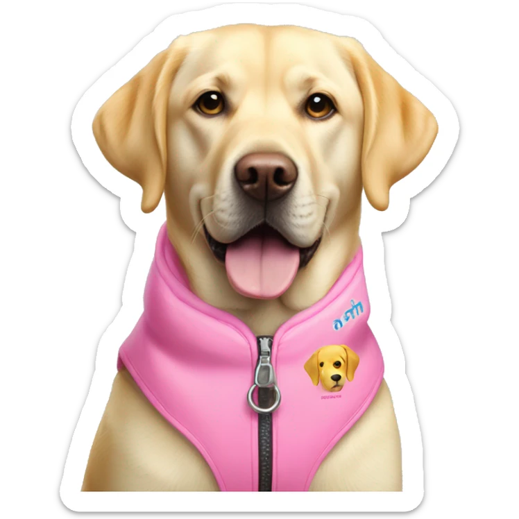 Yellow Labrador wearing a pink vest coat that says assistance dog  sticker