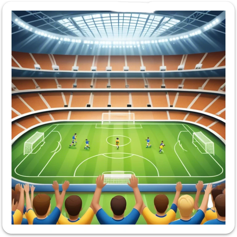 An icon showing a large, beautiful indoor stadium with soccer players on the field, actively playing. Fans cheer from the stands, creating a vibrant and energetic atmosphere. Bright lights shine down on the action, symbolizing the excitement of live sporting events. Transparent background. sticker