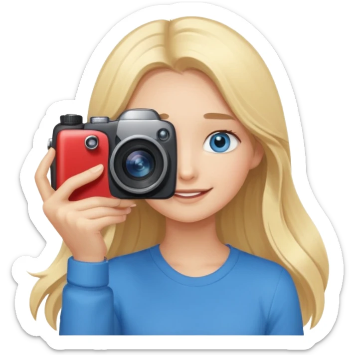  blue eyes blonde girl photographer cartoon taking picture in middle of taking picture camera in front of face long hair smiling funny flash professiona sticker