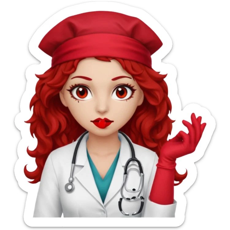 Lilith scalpel in hand, evil surgeon sexy surgeon clothes.  She has red eyes. She brown long curly hair. Wears sexy doctor outfit with red gloves. Hides mouth necknose with red bandana to hide her identity sticker