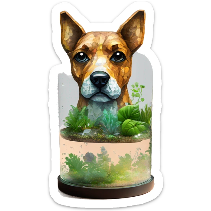 A dog made of glass mirror crystals prisms glass transparent filled with plants as a terrarium with graffiti doodles sticker